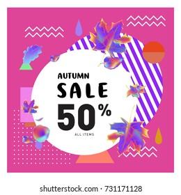 Autumn sale memphis style web banner. Fashion and travel discount poster. Vector holiday Abstract colorful illustration with special offer and promotion.