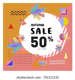 Autumn sale memphis style web banner. Fashion and travel discount poster. Vector holiday Abstract colorful illustration with special offer and promotion.