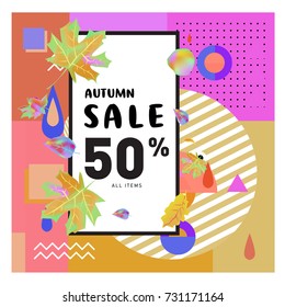 Autumn sale memphis style web banner. Fashion and travel discount poster. Vector holiday Abstract colorful illustration with special offer and promotion.