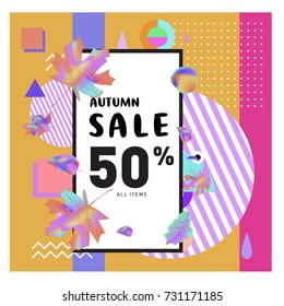 Autumn sale memphis style web banner. Fashion and travel discount poster. Vector holiday Abstract colorful illustration with special offer and promotion.