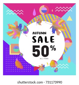 Autumn sale memphis style web banner. Fashion and travel discount poster. Vector holiday Abstract colorful illustration with special offer and promotion.