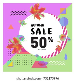 Autumn sale memphis style web banner. Fashion and travel discount poster. Vector holiday Abstract colorful illustration with special offer and promotion.