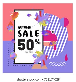 Autumn sale memphis style web banner. Fashion and travel discount poster. Vector holiday Abstract colorful illustration with special offer and promotion.