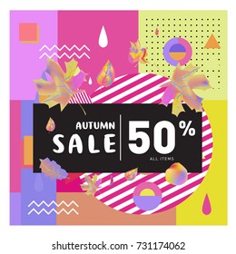 Autumn sale memphis style web banner. Fashion and travel discount poster. Vector holiday Abstract colorful illustration with special offer and promotion.