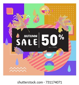Autumn sale memphis style web banner. Fashion and travel discount poster. Vector holiday Abstract colorful illustration with special offer and promotion.