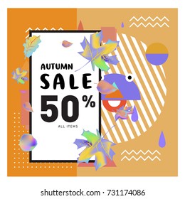 Autumn sale memphis style web banner. Fashion and travel discount poster. Vector holiday Abstract colorful illustration with special offer and promotion.