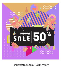 Autumn sale memphis style web banner. Fashion and travel discount poster. Vector holiday Abstract colorful illustration with special offer and promotion.