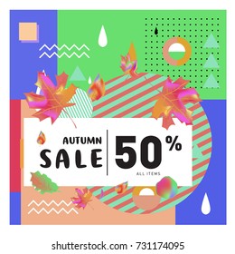 Autumn sale memphis style web banner. Fashion and travel discount poster. Vector holiday Abstract colorful illustration with special offer and promotion.