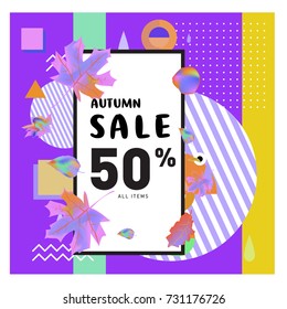 Autumn sale memphis style web banner. Fashion and travel discount poster. Vector holiday Abstract colorful illustration with special offer and promotion.