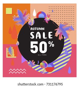 Autumn sale memphis style web banner. Fashion and travel discount poster. Vector holiday Abstract colorful illustration with special offer and promotion.