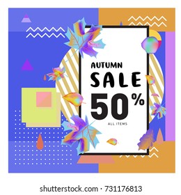 Autumn sale memphis style web banner. Fashion and travel discount poster. Vector holiday Abstract colorful illustration with special offer and promotion.