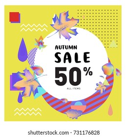 Autumn sale memphis style web banner. Fashion and travel discount poster. Vector holiday Abstract colorful illustration with special offer and promotion.