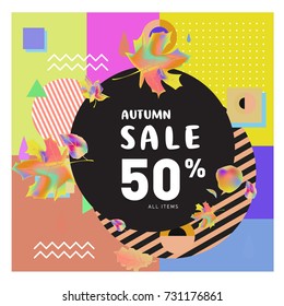 Autumn sale memphis style web banner. Fashion and travel discount poster. Vector holiday Abstract colorful illustration with special offer and promotion.