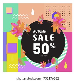 Autumn sale memphis style web banner. Fashion and travel discount poster. Vector holiday Abstract colorful illustration with special offer and promotion.