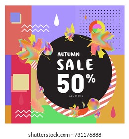 Autumn sale memphis style web banner. Fashion and travel discount poster. Vector holiday Abstract colorful illustration with special offer and promotion.
