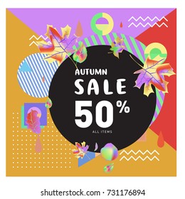 Autumn sale memphis style web banner. Fashion and travel discount poster. Vector holiday Abstract colorful illustration with special offer and promotion.