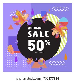 Autumn sale memphis style web banner. Fashion and travel discount poster. Vector holiday Abstract colorful illustration with special offer and promotion.