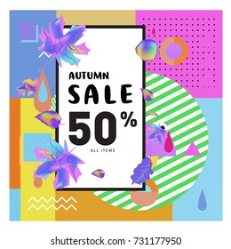 Autumn sale memphis style web banner. Fashion and travel discount poster. Vector holiday Abstract colorful illustration with special offer and promotion.