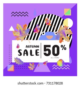 Autumn sale memphis style web banner. Fashion and travel discount poster. Vector holiday Abstract colorful illustration with special offer and promotion.