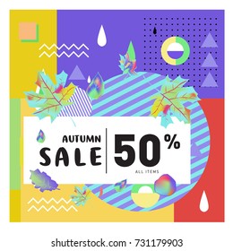 Autumn sale memphis style web banner. Fashion and travel discount poster. Vector holiday Abstract colorful illustration with special offer and promotion.