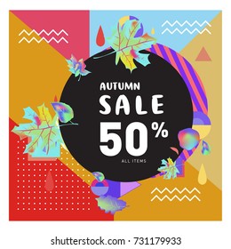 Autumn sale memphis style web banner. Fashion and travel discount poster. Vector holiday Abstract colorful illustration with special offer and promotion.
