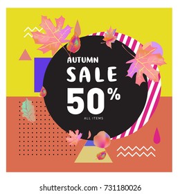 Autumn sale memphis style web banner. Fashion and travel discount poster. Vector holiday Abstract colorful illustration with special offer and promotion.