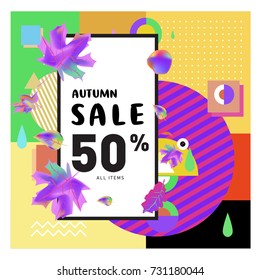 Autumn sale memphis style web banner. Fashion and travel discount poster. Vector holiday Abstract colorful illustration with special offer and promotion.