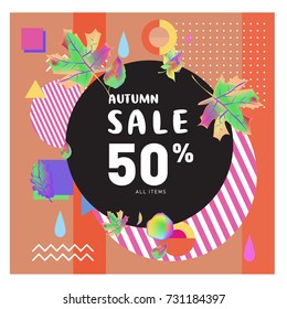 Autumn sale memphis style web banner. Fashion and travel discount poster. Vector holiday Abstract colorful illustration with special offer and promotion.