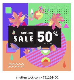 Autumn sale memphis style web banner. Fashion and travel discount poster. Vector holiday Abstract colorful illustration with special offer and promotion.