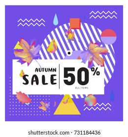 Autumn sale memphis style web banner. Fashion and travel discount poster. Vector holiday Abstract colorful illustration with special offer and promotion.