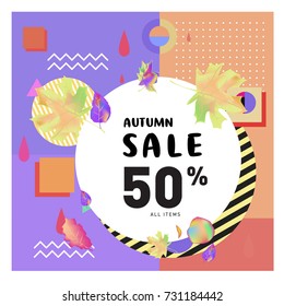 Autumn sale memphis style web banner. Fashion and travel discount poster. Vector holiday Abstract colorful illustration with special offer and promotion.