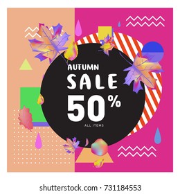 Autumn sale memphis style web banner. Fashion and travel discount poster. Vector holiday Abstract colorful illustration with special offer and promotion.