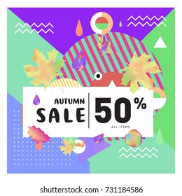 Autumn sale memphis style web banner. Fashion and travel discount poster. Vector holiday Abstract colorful illustration with special offer and promotion.