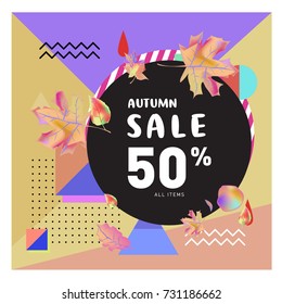 Autumn sale memphis style web banner. Fashion and travel discount poster. Vector holiday Abstract colorful illustration with special offer and promotion.