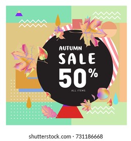 Autumn sale memphis style web banner. Fashion and travel discount poster. Vector holiday Abstract colorful illustration with special offer and promotion.