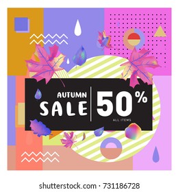 Autumn sale memphis style web banner. Fashion and travel discount poster. Vector holiday Abstract colorful illustration with special offer and promotion.