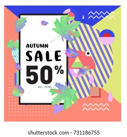 Autumn sale memphis style web banner. Fashion and travel discount poster. Vector holiday Abstract colorful illustration with special offer and promotion.