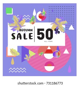 Autumn sale memphis style web banner. Fashion and travel discount poster. Vector holiday Abstract colorful illustration with special offer and promotion.