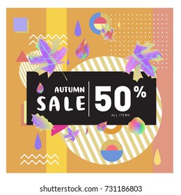 Autumn sale memphis style web banner. Fashion and travel discount poster. Vector holiday Abstract colorful illustration with special offer and promotion.
