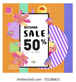 Autumn sale memphis style web banner. Fashion and travel discount poster. Vector holiday Abstract colorful illustration with special offer and promotion.