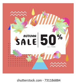 Autumn sale memphis style web banner. Fashion and travel discount poster. Vector holiday Abstract colorful illustration with special offer and promotion.