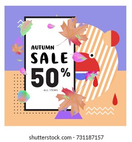 Autumn sale memphis style web banner. Fashion and travel discount poster. Vector holiday Abstract colorful illustration with special offer and promotion.