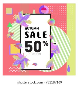 Autumn sale memphis style web banner. Fashion and travel discount poster. Vector holiday Abstract colorful illustration with special offer and promotion.