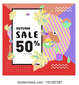 Autumn sale memphis style web banner. Fashion and travel discount poster. Vector holiday Abstract colorful illustration with special offer and promotion.