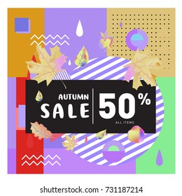 Autumn sale memphis style web banner. Fashion and travel discount poster. Vector holiday Abstract colorful illustration with special offer and promotion.