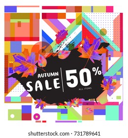 Autumn sale memphis style web banner. Fashion and travel discount poster. Vector holiday Abstract colorful illustration with special offer and promotion.