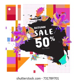 Autumn sale memphis style web banner. Fashion and travel discount poster. Vector holiday Abstract colorful illustration with special offer and promotion.