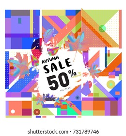 Autumn sale memphis style web banner. Fashion and travel discount poster. Vector holiday Abstract colorful illustration with special offer and promotion.