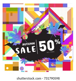 Autumn sale memphis style web banner. Fashion and travel discount poster. Vector holiday Abstract colorful illustration with special offer and promotion.