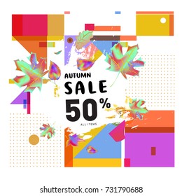 Autumn sale memphis style web banner. Fashion and travel discount poster. Vector holiday Abstract colorful illustration with special offer and promotion.